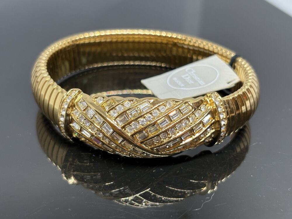 Vintage Christian Dior Golden Retro Baguette & Crystal Rhinestone Bracelet